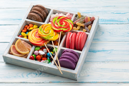 Preview: Various colorful candies, lollipops, and macaroons