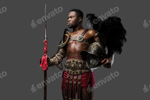 Preview: Naked african gladiator with plumed helmet and long spear