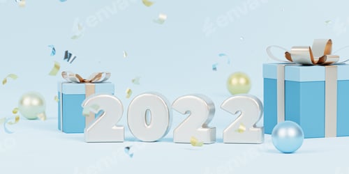 Visualização: Fundo de feriados de Natal ou Ano Novo, carta brilhante de 2022 com confetes e caixas de presente, renderização 3D