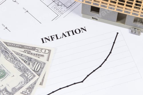 Preview: Inscription inflation, currencies Dollar, toy house under construction and drawings