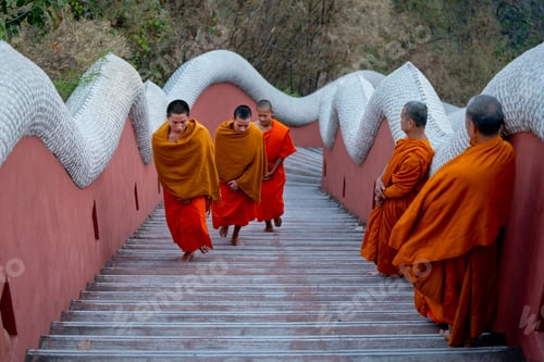 Preview: Senior monks stand and look to young monks during they walk on stair of the temple up to chapel