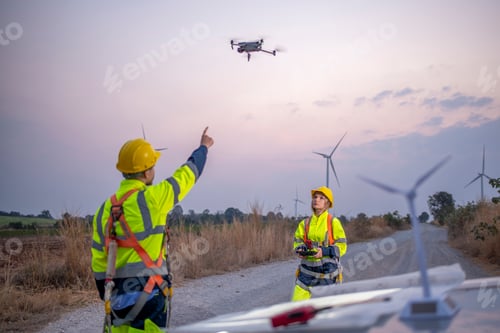 Preview: Engineer wearing uniform read blueprint document inspection work in wind turbine farms rotation to e