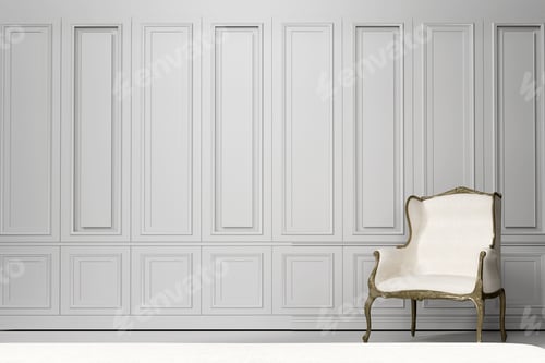Preview: Modern interior design of apartment with chairs, empty living room with beige wall, 3d render