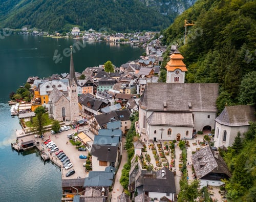 Preview: Aerial Panoramic View of the Famous Old Town Hallstatt and its Iconic Church in Salzkammergut