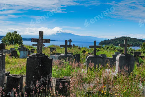 Preview: Cemetery in front of lake Llanquihue and Osorno Volcano in Chile