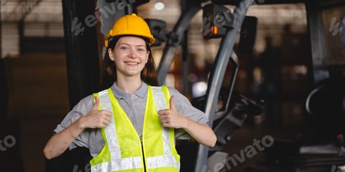 Preview: Portrait female professional engineer factory in protective uniform operating machine
