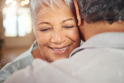 Preview: Love, smile and elderly couple hug in their home, happy and relax while bonding and embracing. Care
