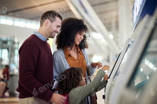 Preview: Self service, smile and travel with mixed family in airport for check in, vacation and global. Tech