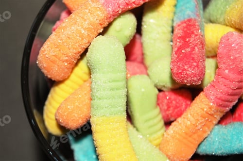 Preview: Closeup of gummy worms in bowl