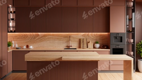 Preview: kitchen room interior in brown mocha mousse 2025 color with modern decoration