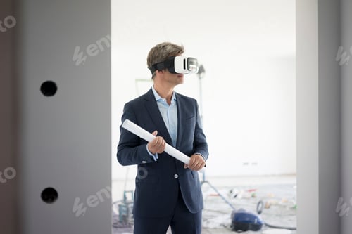 Preview: Man in suit wearing VR glasses in building under construction