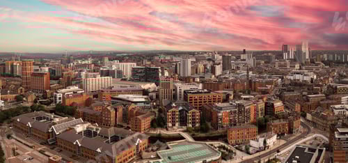 Preview: Aerial panorama of Leeds cityscape skyline at sunrise