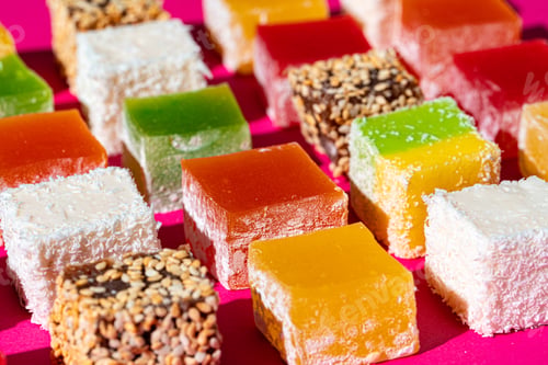 Preview: Turkish delight square pieces on a bright pink background