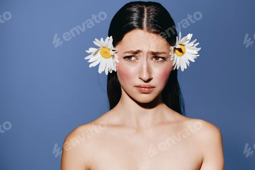 Preview: Floral Elegance: A Young Woman's Tender Portrait, with Fresh Red Lips and a Summer-Ready Hairstyle
