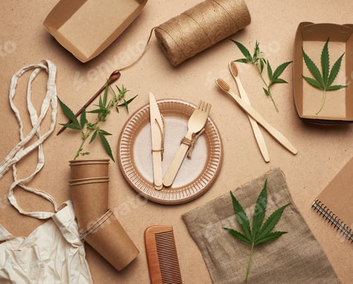 Preview: Textile bag and disposable tableware from brown craft paper, green hemp leaves