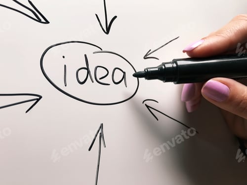 Preview: Female Hand Writing With Black Marker on White Board With Scheme "Idea" For Collaboration Brainstorm