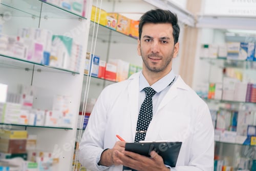 Preview: Portrait of male pharmacist with digital tablet