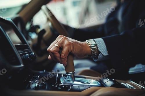 Preview: All geared and good to go. Cropped shot of a businessman changing the gears of a car.