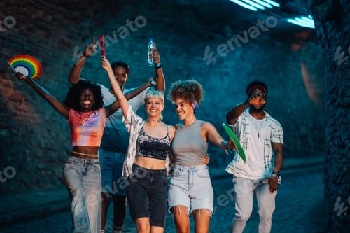 Preview: Friends enjoying live music and dancing at night festival