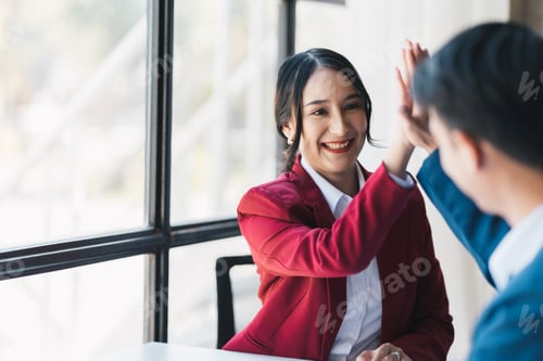 Preview: Happy businesswoman agree with another coworker, agreement, working together.