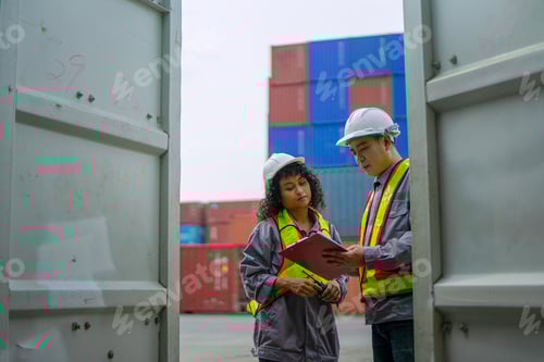 Preview: Blue collar workers are working at container warehouse.