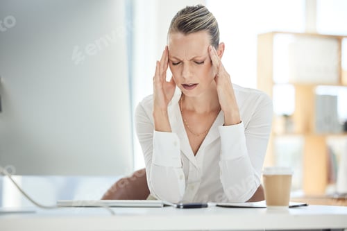 Preview: Work stress, headache and office burnout of a business woman experience a computer glitch. Working