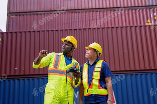 Preview: 2 engineer working in container storage yard use digital tablet check quantity prepare to delivery