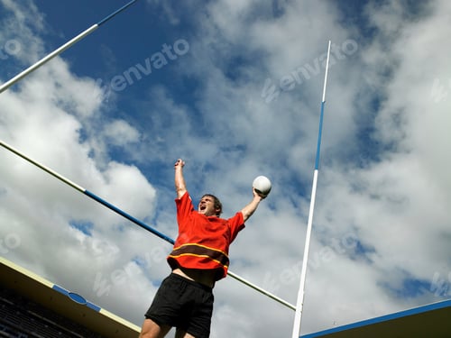 Preview: Rugby player celebrating on field