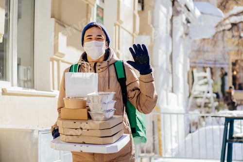 Preview: Delivery employee man at thermal takeaway food bag backpack pizza boxes