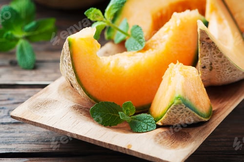 Preview: Fresh sweet orange melon on the wooden table