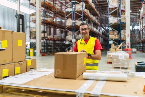 Preview: Warehouse worker preparing cardboard box for shipping