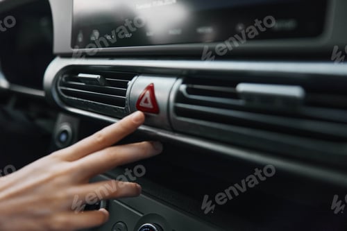 Preview: Car dashboard with a person pressing the air conditioner button, featuring a red triangle warning