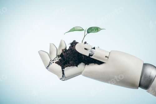 Preview: robotic hand with young green plant on bicolor background, earth day concept