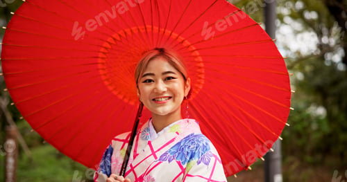 Preview: Japanese, woman and portrait with fashion for umbrella, vintage style and fresh air with smile. Out