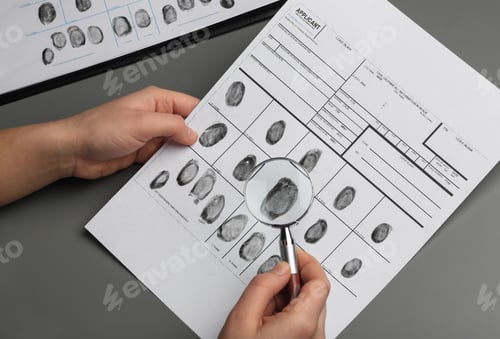 Preview: Criminalist studying fingerprints with magnifying glass at table, closeup