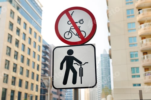 Preview: No cycling and bicycle. Traffic rule regulation for pedestrian safety and urban planning.