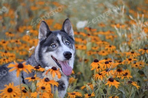 Preview: A portrait of a husky dog standing in the middle of a yellow rudbeckia flower field