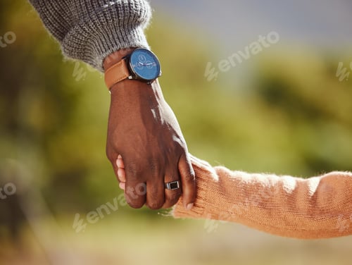 Preview: Family, love and child holding hands with parent in nature, outdoor park and countryside together.