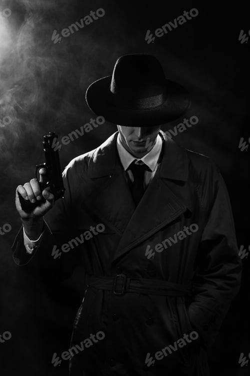 Preview: A dark silhouette of a male detective in a coat and hat with a gun in his hands in the Noir style.