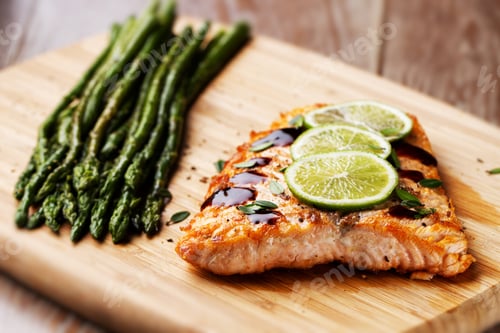 Preview: Salmon with Asparagus on a Cutting Board