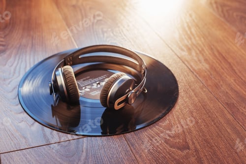 Preview: vinyl record and headphone over wooden table. Audio enthusiast,music lover or professional disc