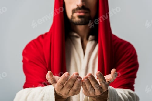 Preview: selective focus of bearded man with cupped hands isolated on grey