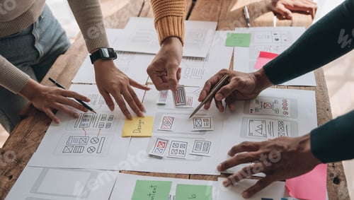 Preview: Close up ux developer and ui designer brainstorming about mobile app interface wireframe design on
