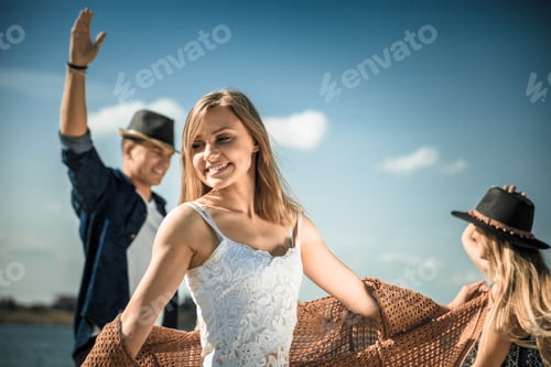 Preview: Group of friends dancing and celebrating on beach, party outdoor