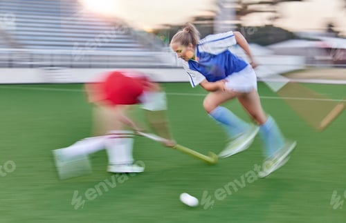 Preview: Hockey, women and sports speed on field for athlete team playing in competition tournament. Fitnes