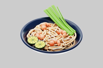 Vorschau: Eine Schüssel Nudeln mit Garnelen und Limettenscheiben