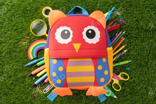 Preview: Kid's owl-themed backpack surrounded by school supplies arranged on a grass background