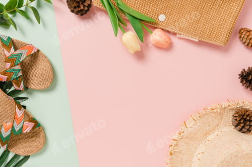 Preview: Creative flat lay of travel vacation spring or summer tropical fashion.