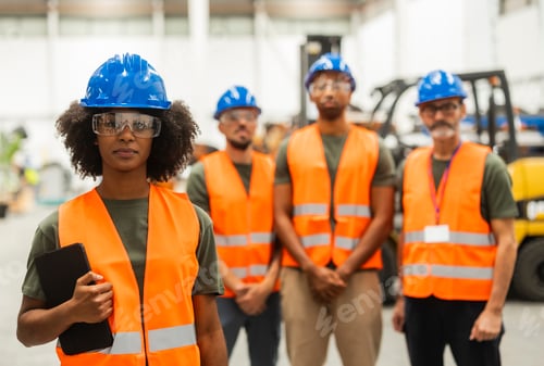 Preview: Female engineer leading a multiracial team in a modern factory