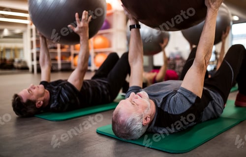 Preview: A group of cheerful seniors in gym doing exercise with fit balls.